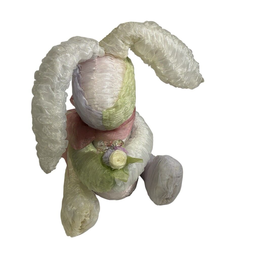 White Easter Bunny With Pink Bow And Pastel Colors. Holding A Bouquet. 11” 2004